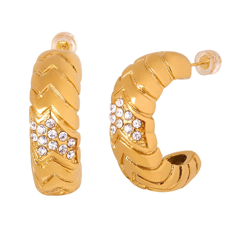 Hot Fashion Trend Stainless Steel 18K Gold Plated Metallic Chunky Hook-Ups Stud Earrings for Women