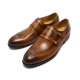 Handmade Genuine Leather Shoes Double Monk Strap Brown Slip on Casual Dress Shoes