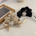 MIO Elegant Large Bow Knot Pearl Rhinestone Scrunchy Hair Ties Elastic Hair Bands Mesh Hair Scrunchies for Women