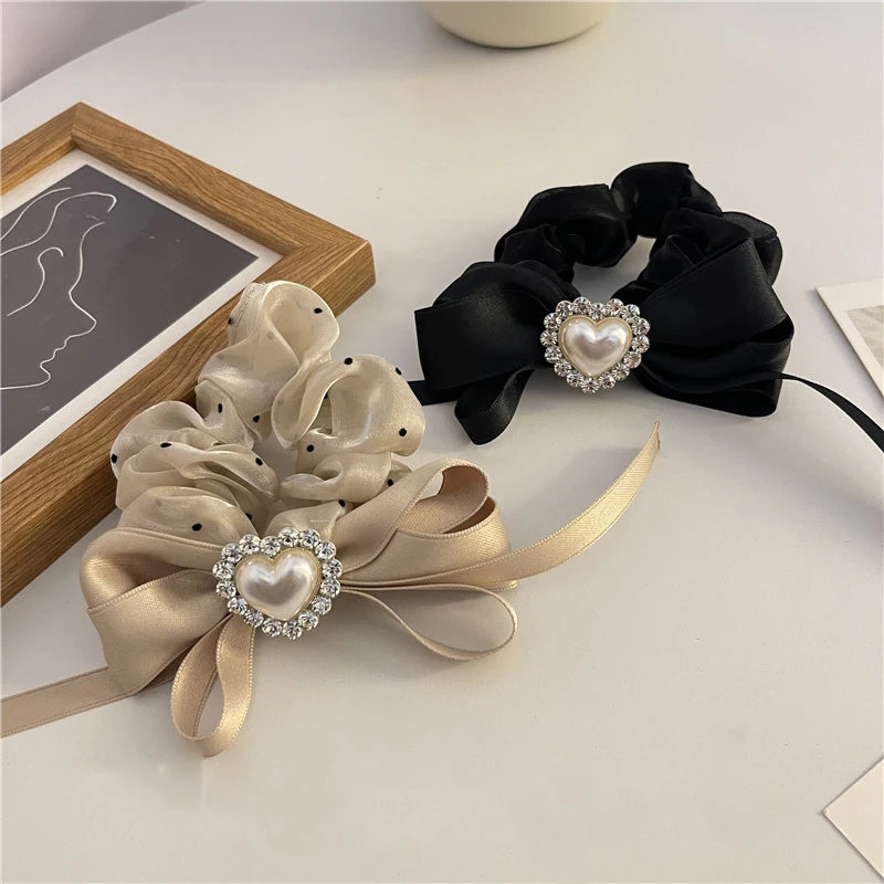 MIO Elegant Large Bow Knot Pearl Rhinestone Scrunchy Hair Ties Elastic Hair Bands Mesh Hair Scrunchies for Women