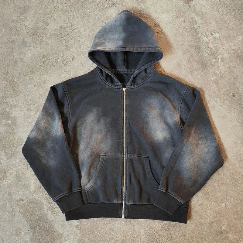 YSJY Manufacturer Y2K Streetwear Unisex Zipup Heavyweight 600 Gsm Acid Wash Zip up Hoodie for Men