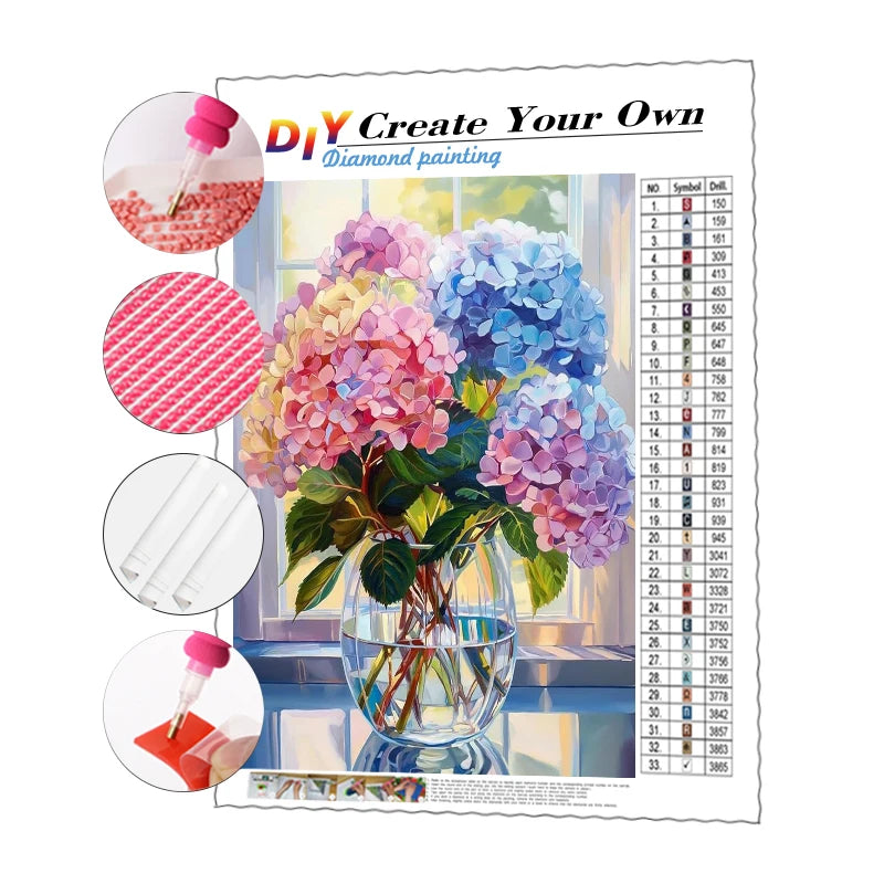 Custom 5D DIY Diamond Painting Set Printed Pink Blue Hydrangeas in Vase Full Drill Cross Stitch Home Decor