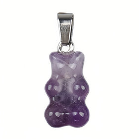 Silver 18inches Craved Bear Pendant Natural Gemstone Amethyst Polished Necklace for Women Men Handmade Necklace Jewelry on Sale