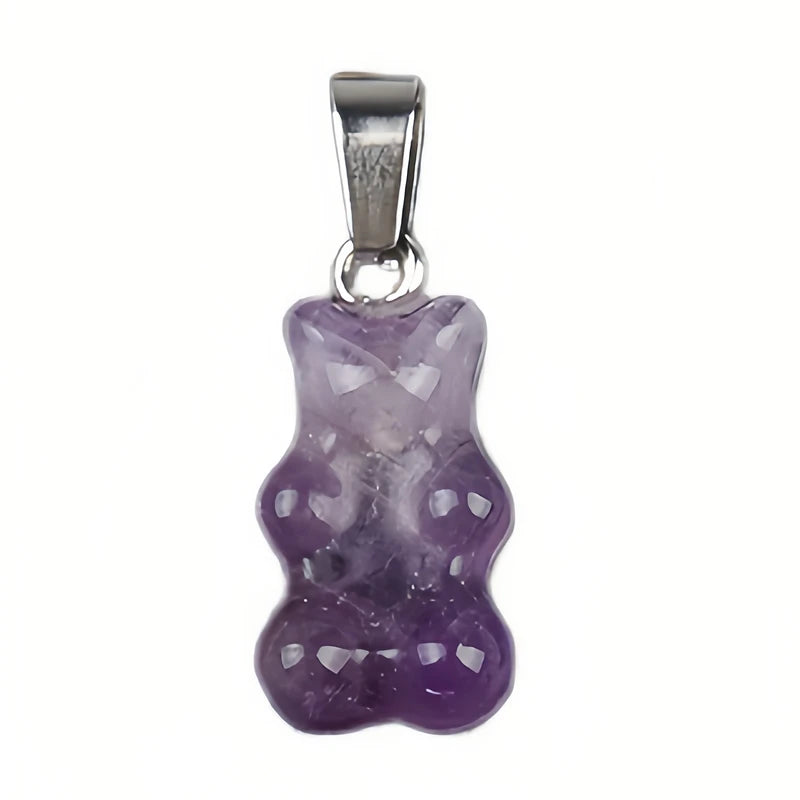 Silver 18inches Craved Bear Pendant Natural Gemstone Amethyst Polished Necklace for Women Men Handmade Necklace Jewelry on Sale