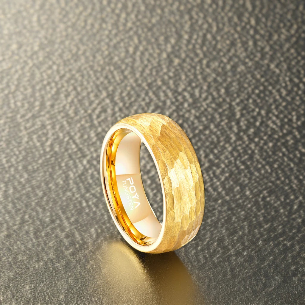 POYA Mens Dome Hammered Black Tungsten Rings Yellow Gold Luxury Wedding Band for Men Engagement