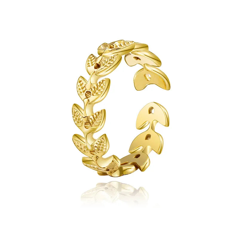 MICCI Wholesale Custom 14k Gold Plated Titanium Stainless Steel Jewelry Adjustable Size Open Leaf Ring