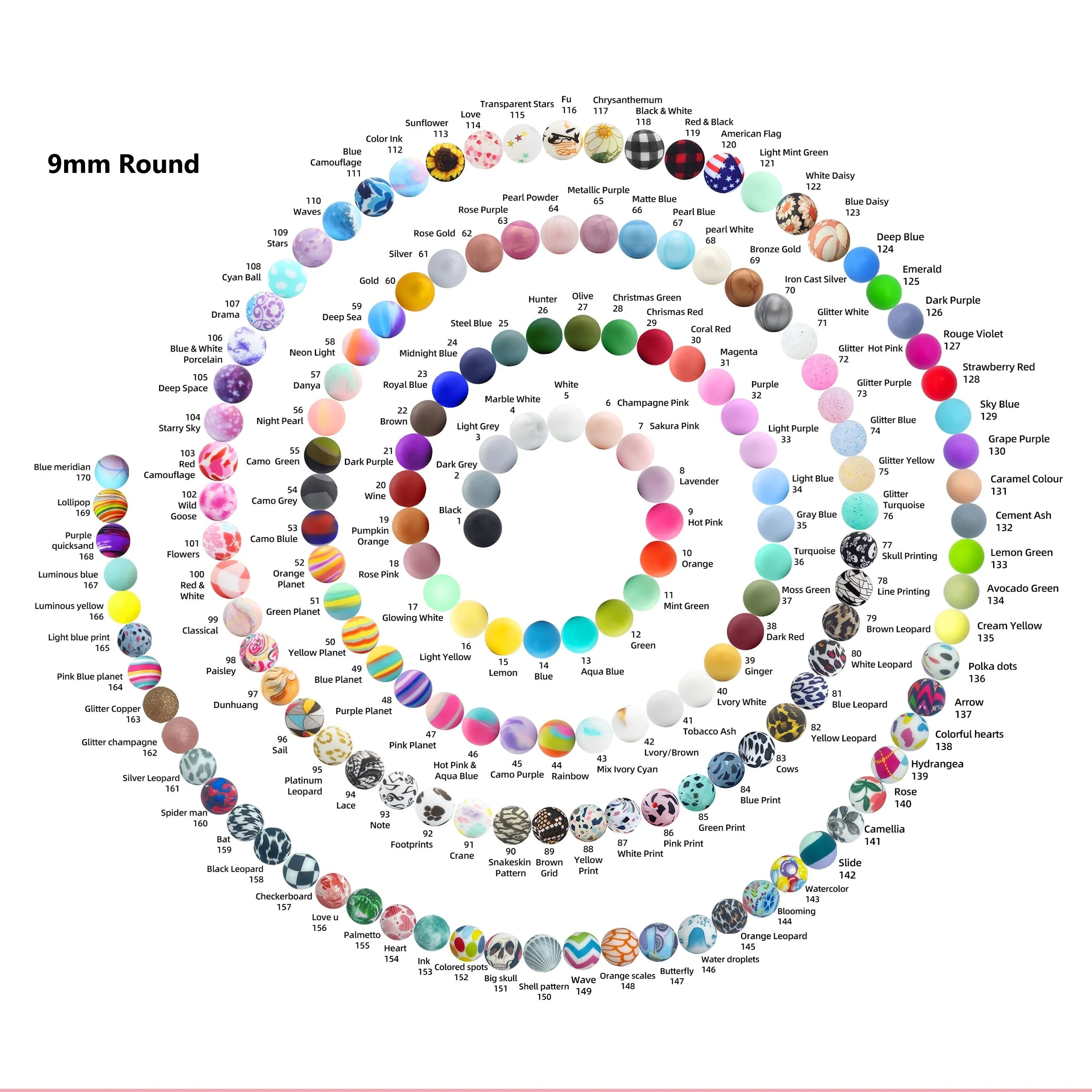 Small Size 9mm Round Solid Printing Silicone Keychain Beads Jewelry Lanyard Accessories Silicone Beads