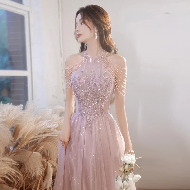 2024 Fancy Elegant Pink Evening Dress Birthday Party Bridesmaid Summer Chiffon Empire Waist Ankle-Length Sequined Fairy