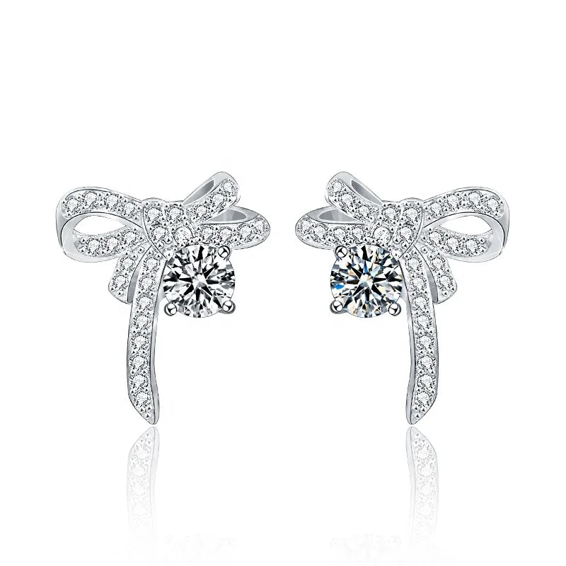 Trendy 0.5ct 1ct Sterling Silver Moissanite Earrings Flower Butterfly Knot Shaped with Screw Back Stud for Women