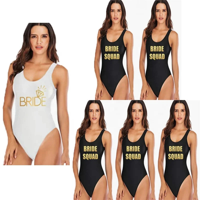 Bride to Be Squad Women's High Cut One Piece Swimwear Letter Print Bathing Suits for Valentine's Day Bridesmaid Team