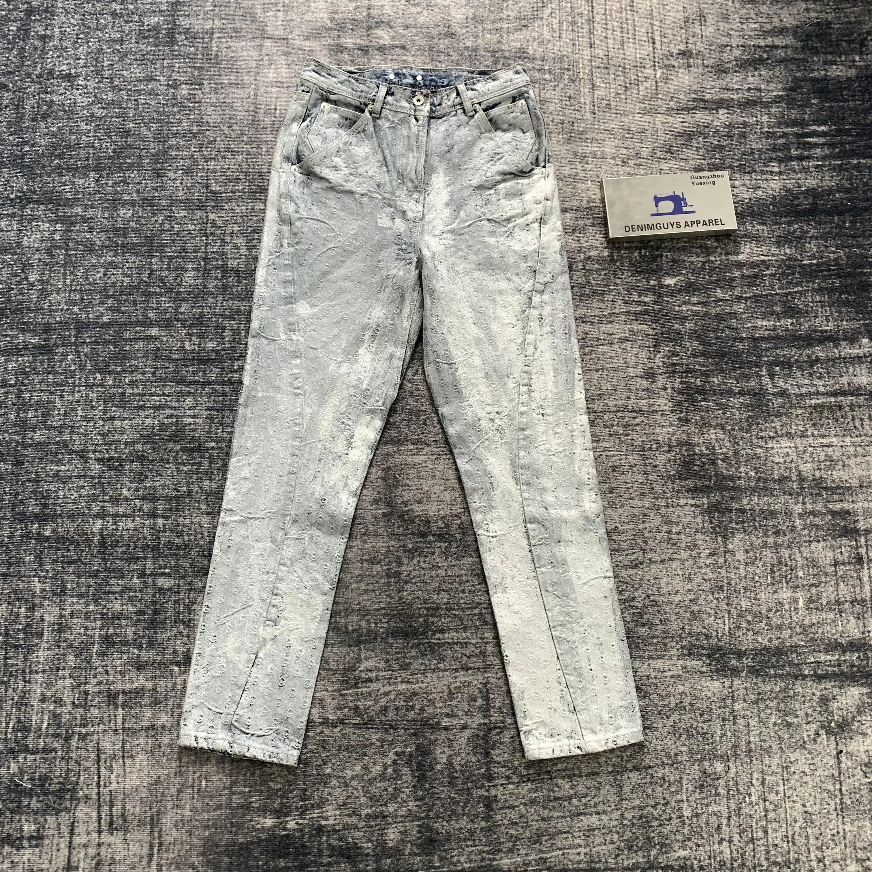 DENIMGUYS Custom Vintage Mens Fashion Paint Silver Foiled Wax Jeans Streetwear Allover Waxing Steright Leg Men Jeans
