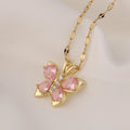 Minimalist Cute Pink Butterfly Zircon Pendant Necklace Tarnish Free Gold Plated Stainless Steel Copper Alloy Necklace