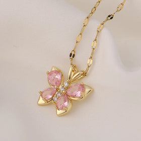 Minimalist Cute Pink Butterfly Zircon Pendant Necklace Tarnish Free Gold Plated Stainless Steel Copper Alloy Necklace