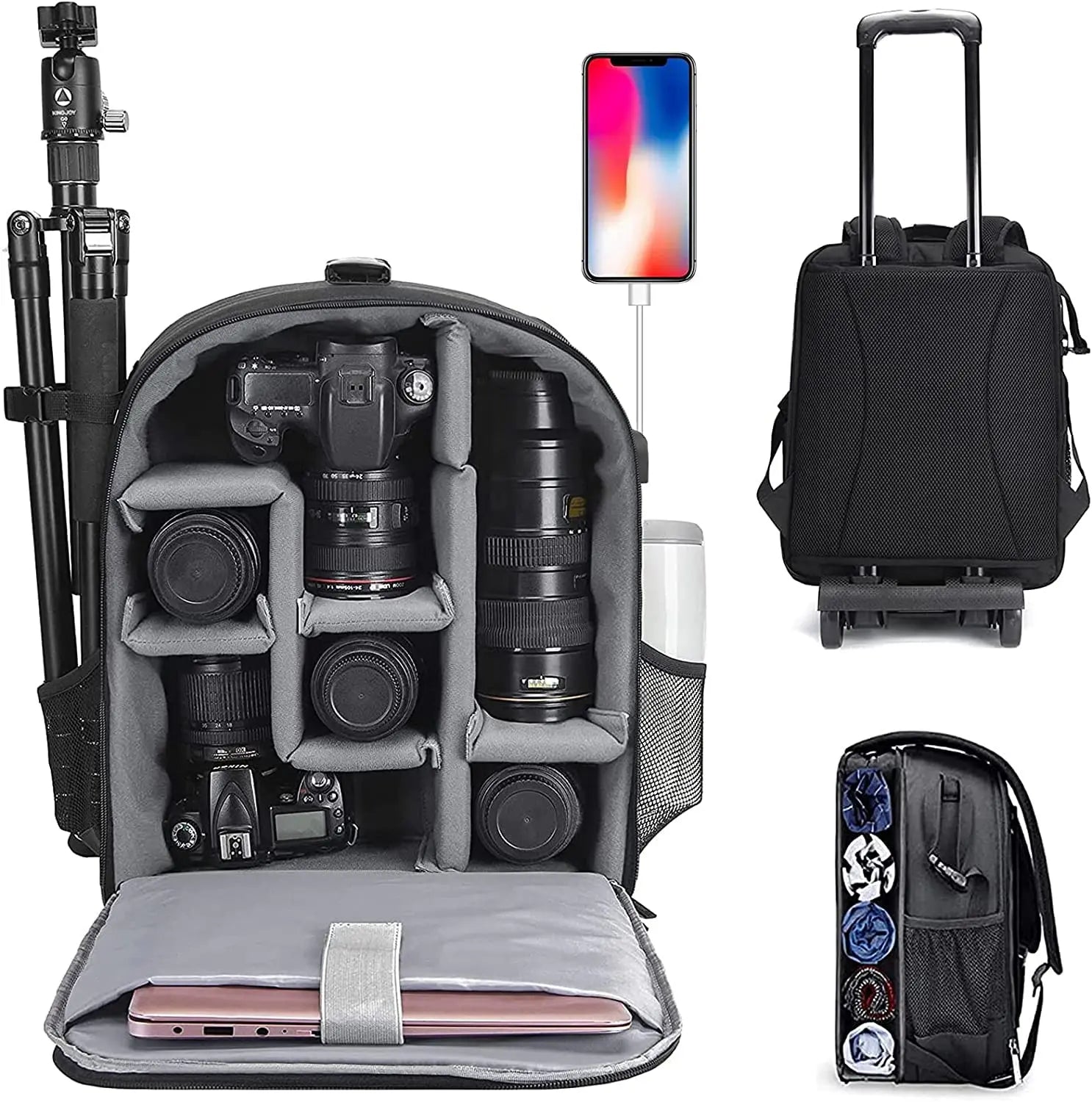 Best Fashion Stylish Black Womens Mens Outdoor Rolling Travel Digital Slr Camera Backpack with Wheels