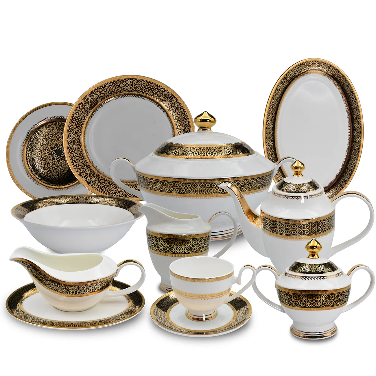 98 Pcs KAROSA Embossed Gold Vintage Dinner Set Porcelain Golden Luxury Bone China Royal Dinnerware