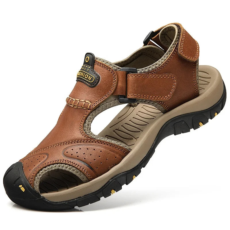 Casual Men's Brown Leather Slip-On Anti-Slip Outdoor Hiking Sandals Closed Toe for Winter
