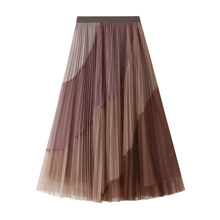 Retro Lace Mesh Summer Women Pleated Midi Skirt 2026 Fashion Gradient Print Elastic Waist Elegant Office Tulle Skirts Saias Jupe