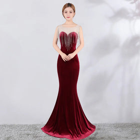 8288# Banquet Long Slim-fit Elegant Fishtail Annual Meeting Host High-flash Chain Velvet Evening Dress