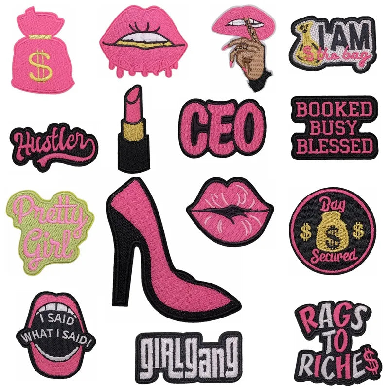 Small Moq pink Color Sunglasses Mouth Bag Word logo Design Heat Press Embroidered Girl Patches for Garment