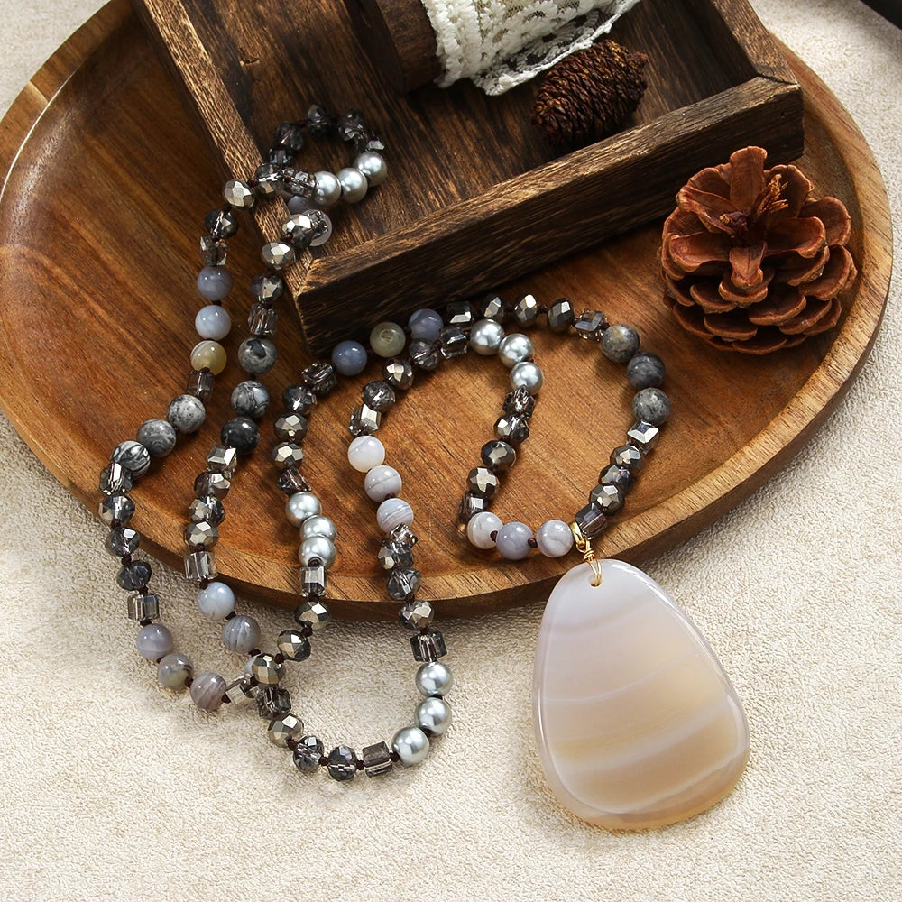 Retro Bohemian Women Jewelry 8mm Natural Stone Crystal Glass Knot Necklace Gray Agate Pendant Necklace