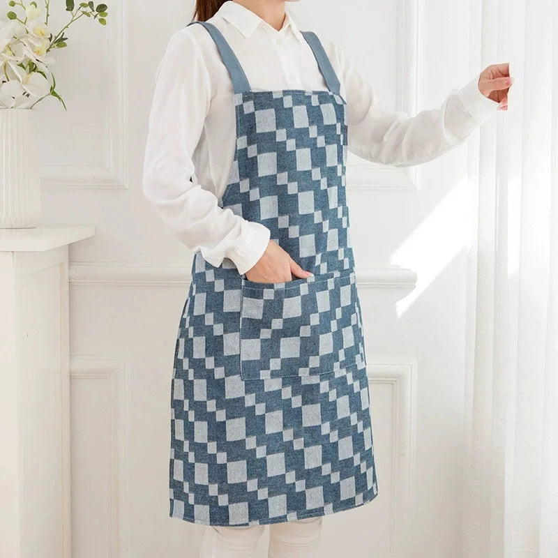 Fashionable Summer Women's Korean Plaid Waist Apron Breathable Oil-Proof Durable Chef's Household Kitchen Work Clothes Reusable