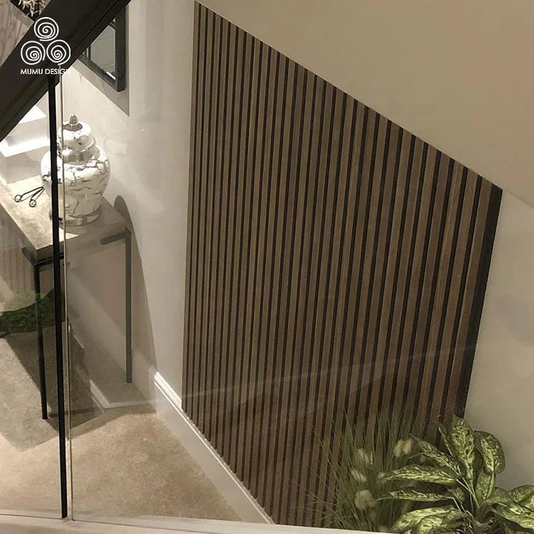 MUMU Modern 3D Texture Wood Board Cladding Timber Lumber Sound Proof Insulation Wall Panels for Hotel