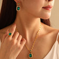 Luxury 3 Pcs Set Green Emerald Rhinestone Necklace Earrings Set Stainless Chain Geometric Crystal Jewelry Set for Women