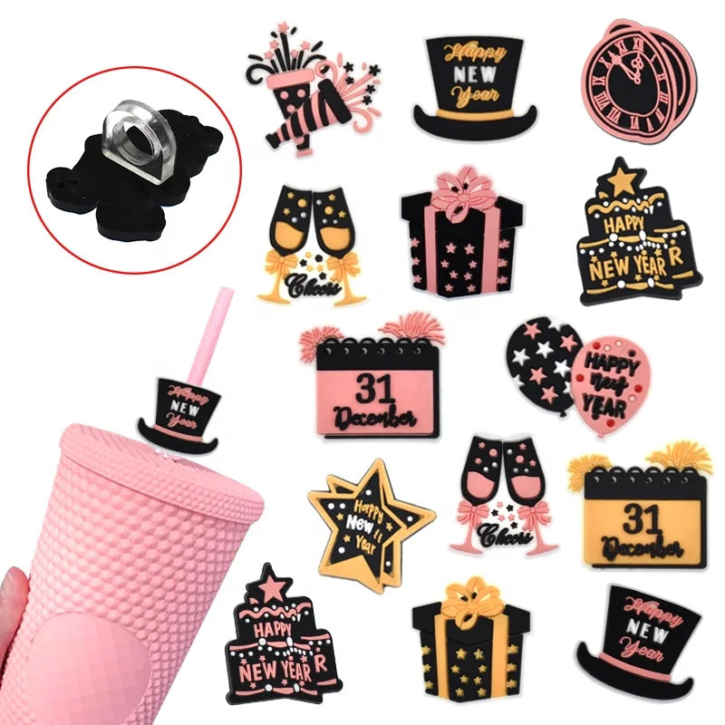 Factory Wholesale Pvc Happy New Year Straw Toppers of bar Club Drinking Accessories