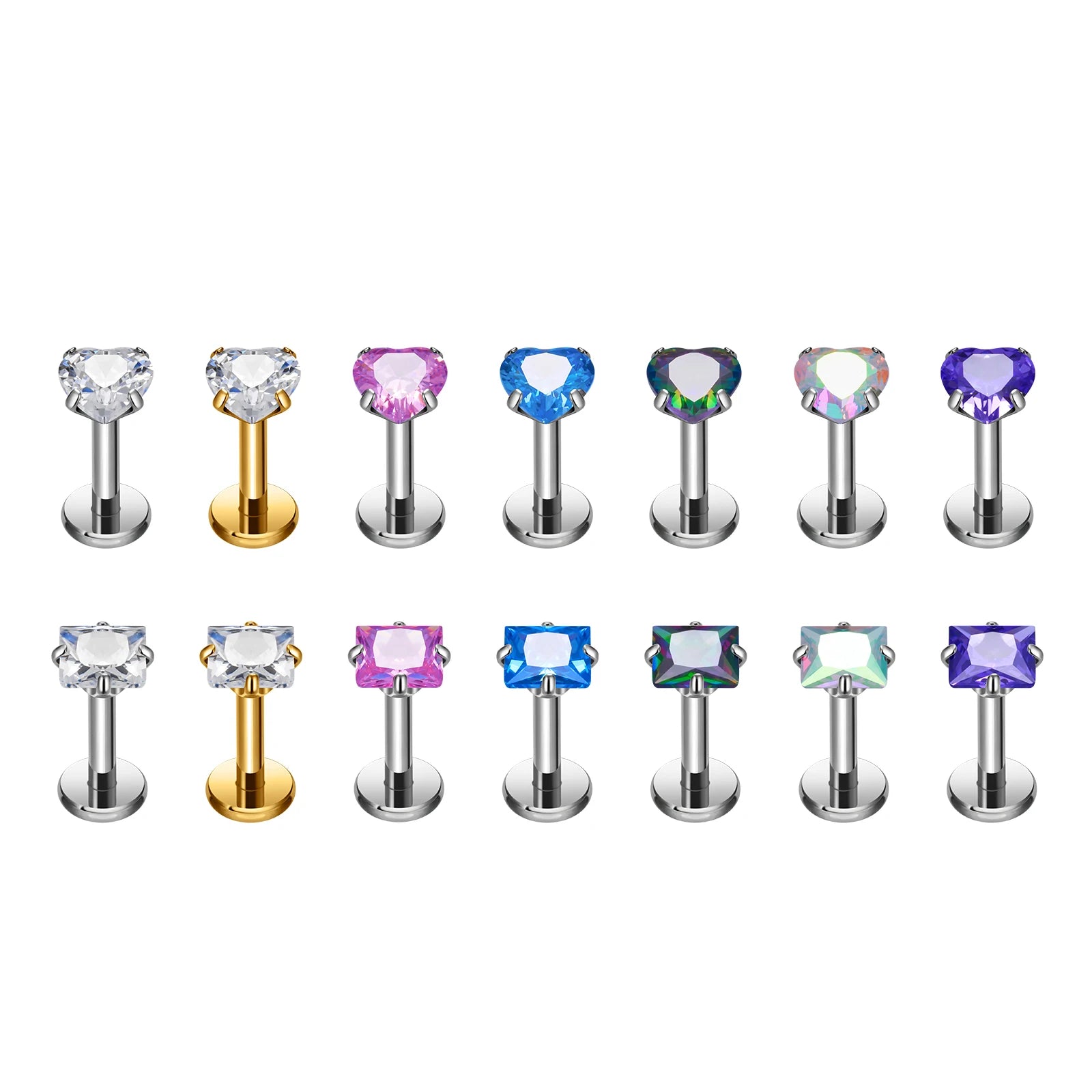 G23 Titanium F136 16G Piercing Heart Square Shape CZ Inlay Labret Ear Helix Tragus Nose Stud Earrings for Women Body Jewelry