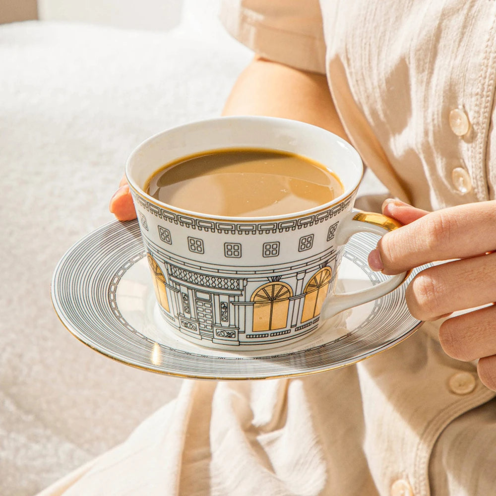 Wholesale European Luxury Grey Castle Coffee Mug Hand Paint Gold Rim Cup Kits Bone China Set