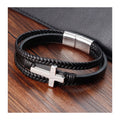 Stainless Steel Magnetic Clasp Cross Fashion Bracelet Personality Multilayer Braided Genuine Leather Bracelet for Men