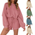 Women's Casual Sportswear O-Neck Top Long Sleeve Shirt and Short Set Women Solid Color Loose Daily Wear