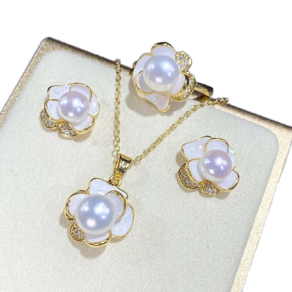 Wholesale Camellia Flower Necklace Earrings 18K Gold Plated Shell Flower Wedding Jewelry Set Fresh Water Pearls Jewelry Set