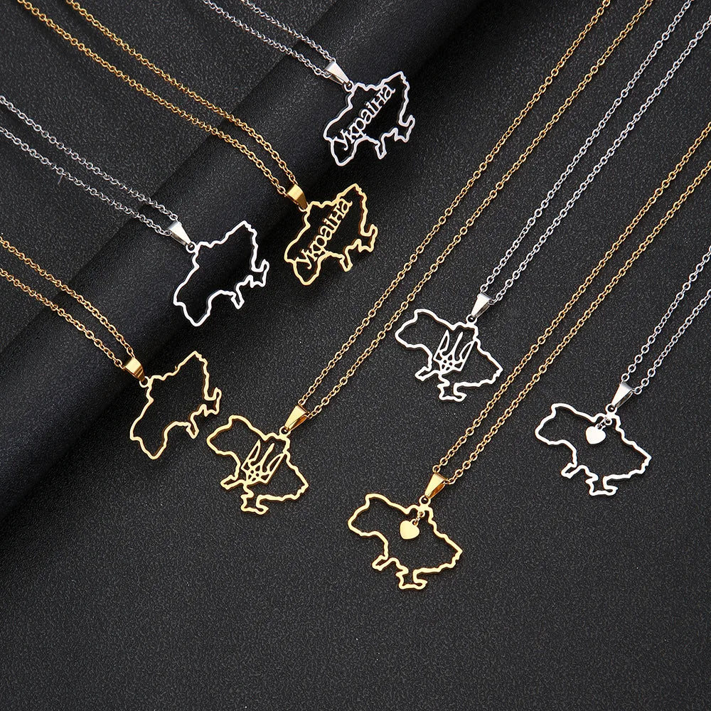 BINSHUO Wholesale Stainless Steel Jewelry Heart Flag Ukraine Outline Map Titanium Steel Pendant Chain Necklace Women Men Gifts