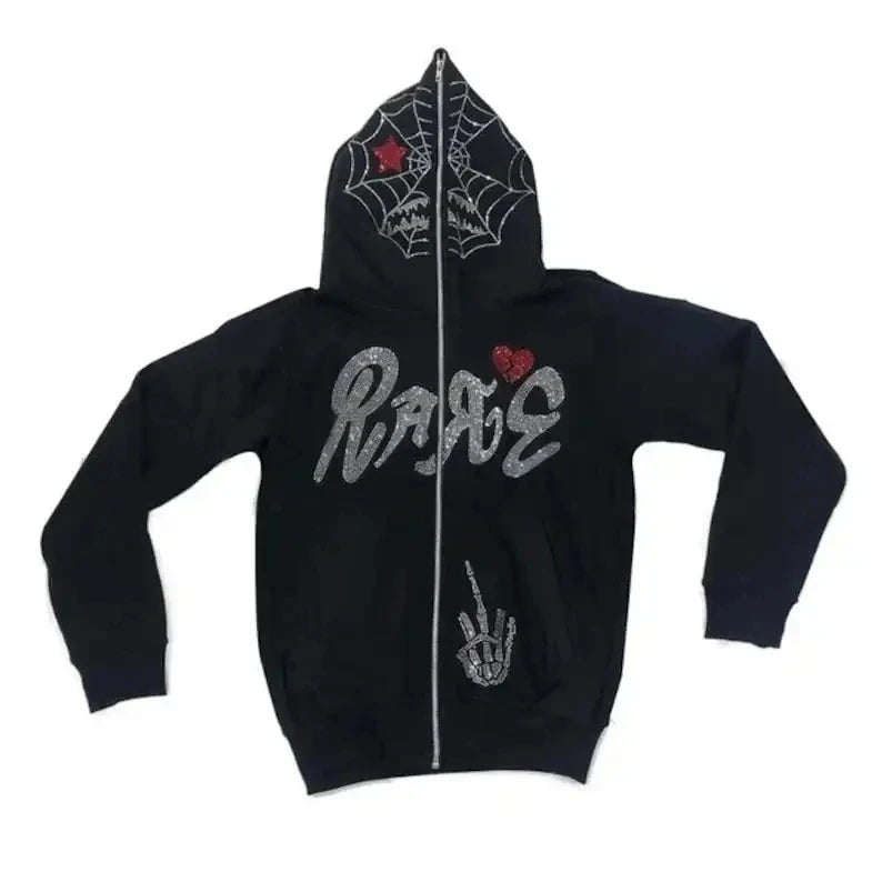 Wholesale Custom Bling Hoodies Full Zip 3D Printed Rhinestone Design Embossed Techniques Embroidered Logo Autumn Fabric Hoodie