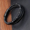 Trendy Men Jewelry Genuine Leather Braided Bracelet Stainless Steel Bar With Lave Stone Bead Multi-layer Leather Bracelet OT-133