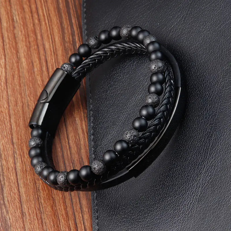 Trendy Men Jewelry Genuine Leather Braided Bracelet Stainless Steel Bar With Lave Stone Bead Multi-layer Leather Bracelet OT-133