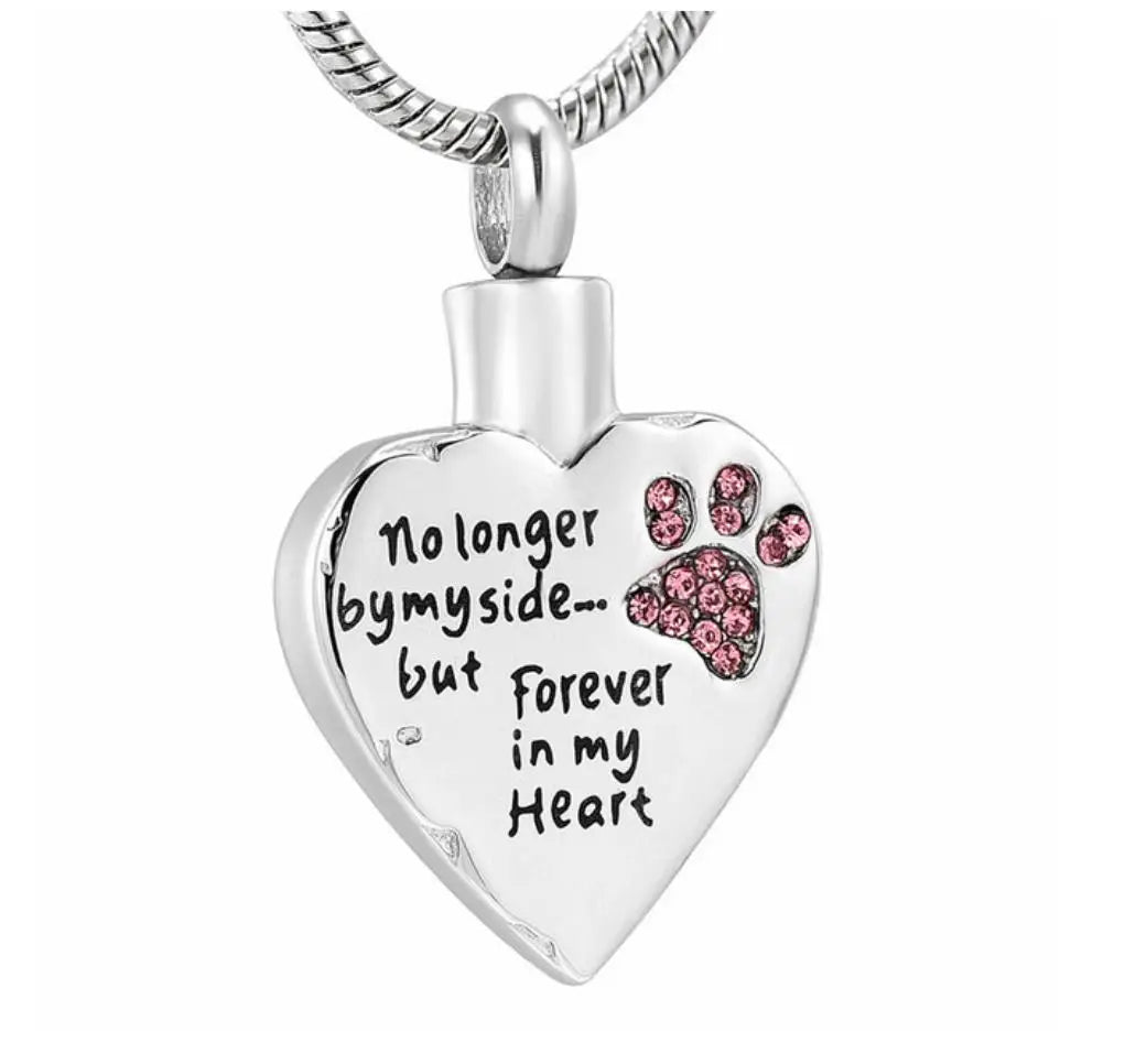 pink Crystal Paw Print Heart Cremation Ashes Holder Stainless Steel Pet Paw Keepsake Heart Memorial Ash Urn Necklace Cremation