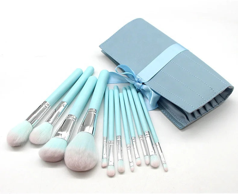 12-Pcs Soft Blue Wood Handle Makeup Brushes Set Custom Logo Foundation Cosmetic Brushes for Face Used with Concealer