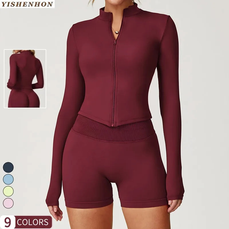 YISHENHON Women's Quick-Drying Workout Jacket Breathable Yoga Jacket with Zipper for Running Sports V-Shape Hem Long Sleeves