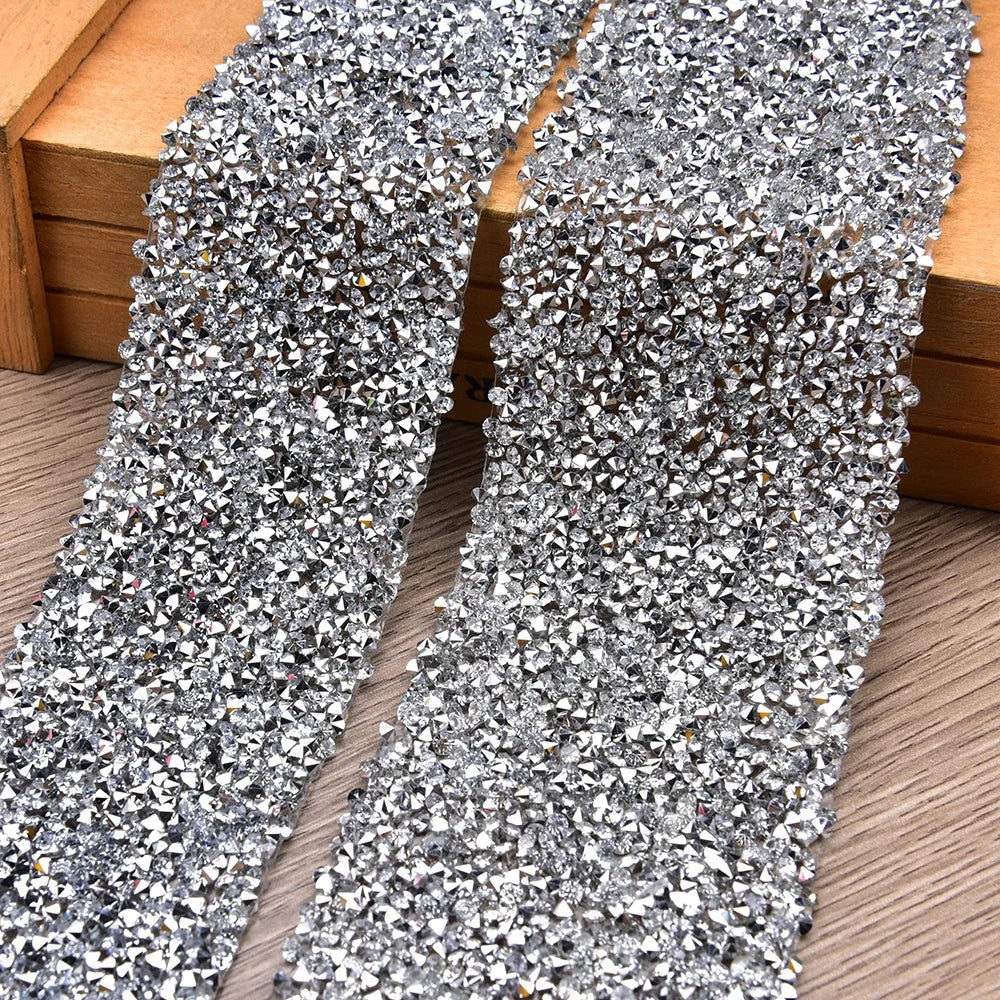 5-6cm Wide Silver Full Resin Adhesive Rhinestone Strip Iron on Strass Crystal Diamond Tape Trim Banding for Clothes Decoration