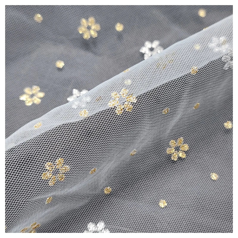 Sparkle Glitter Two-Color Small Cherry Blossoms Floral Polyester Tulle Mesh Fabric