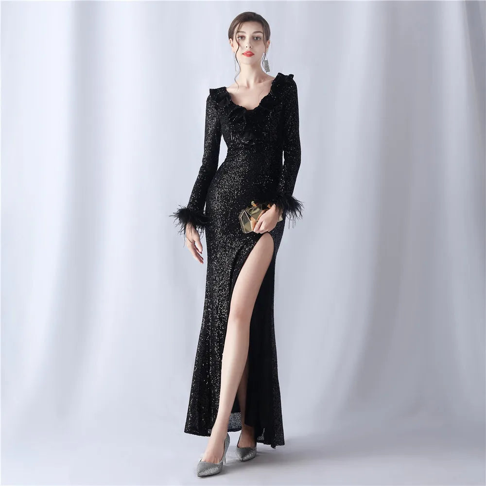 31561# Ostrich Wool Craft Wave Bead Decoration High-end Evening Dress