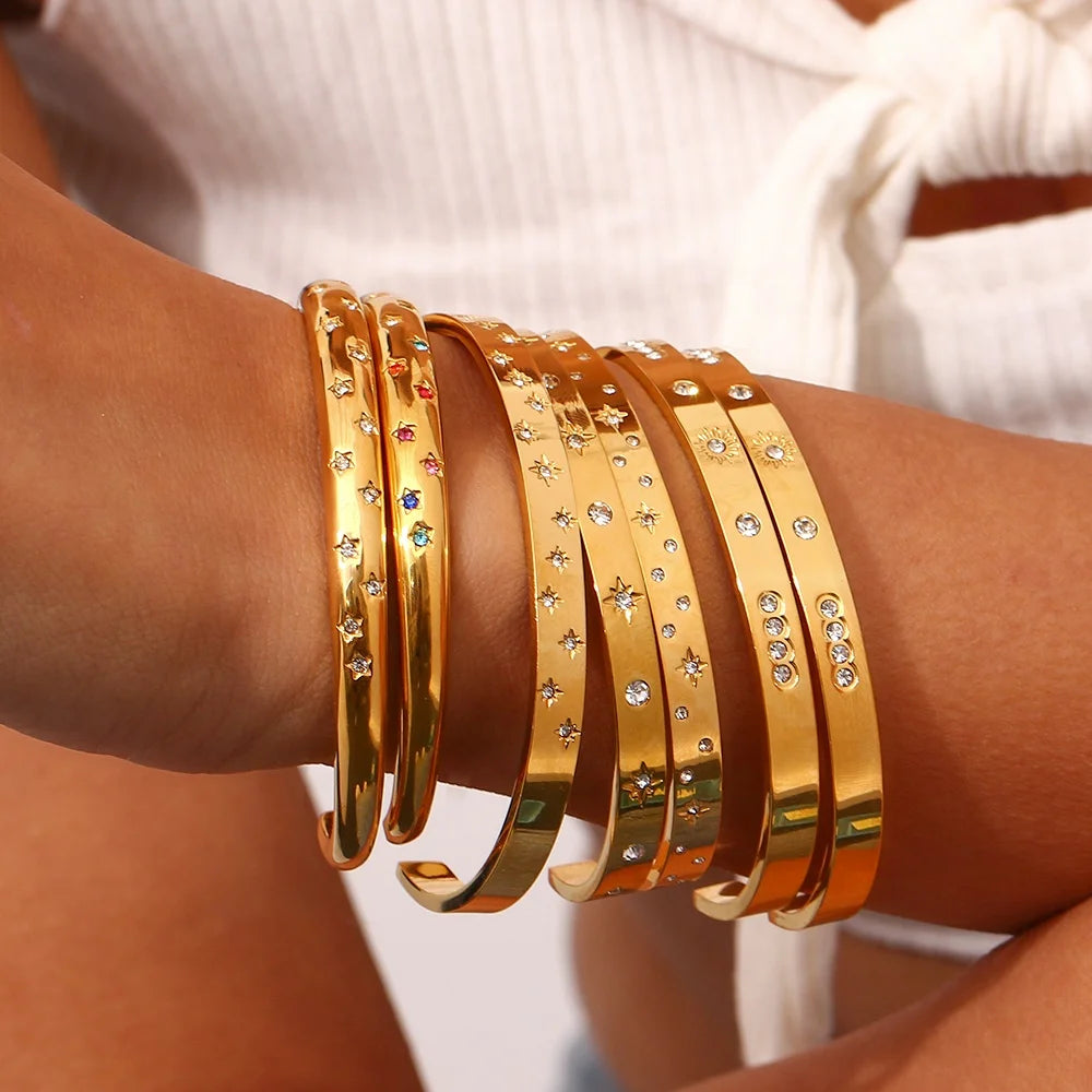 Dreamshow Trending Open Cz Cuff Bangle Stainless Steel Bangles Jewelry Women Gold Plated Bangles Set Women