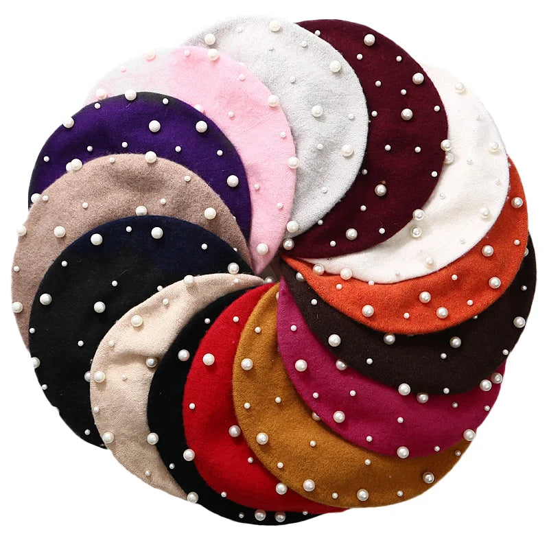 Fashion Winter Vintage Wool Pearl Beret Warm Soft Classic Solid Painter Hat Pearl Women Wool Berets