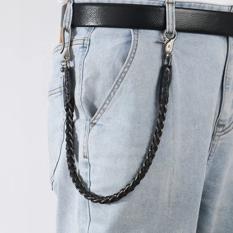 Fashion Steampunk Metal Cowhide Leather Braided Men Women Jeans Pants Chain Belt With Hook Buckle