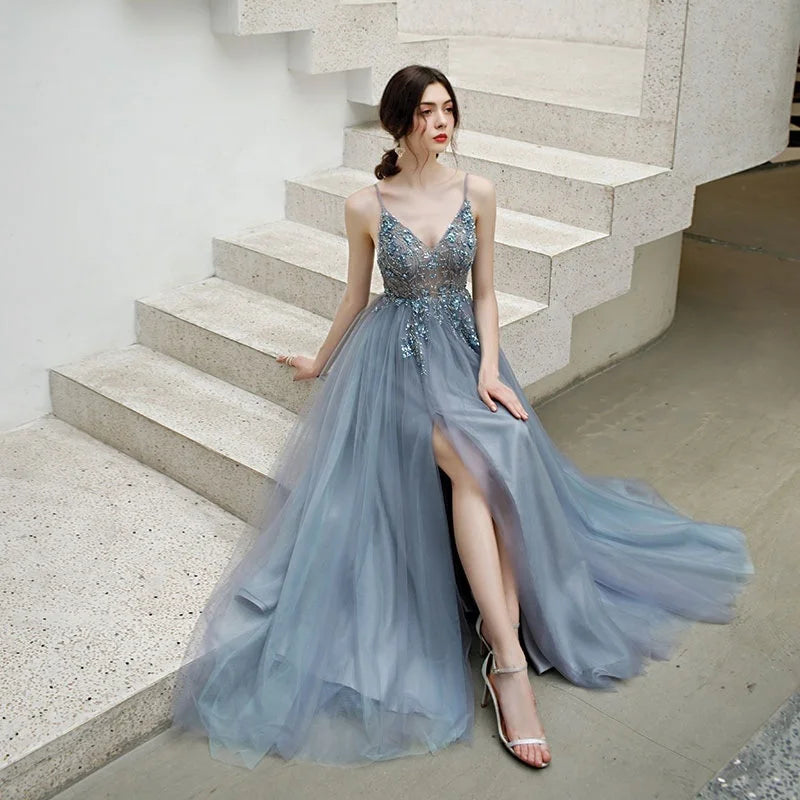 New Embroidered Evening Dress Fresh Suspender Blue Slit Fairy Dress Birthday Party Halter Temperament Dress