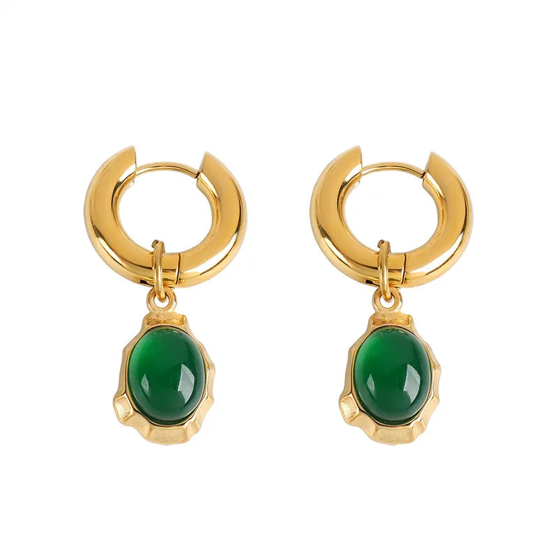 Fashionable Creative Women Stainless Steel 18K Gold Plated Green Agate Drop Hoop Earrings