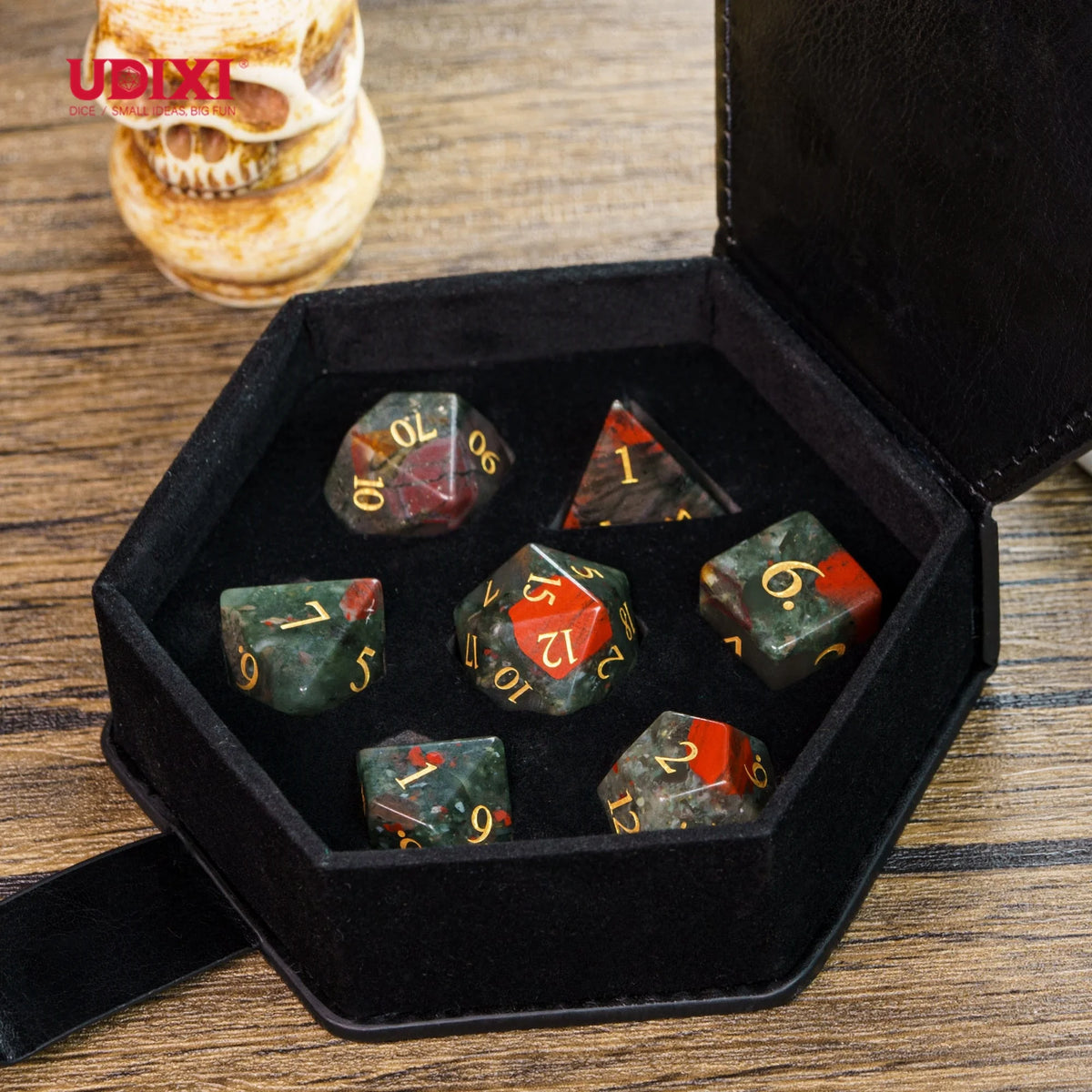 Udixi Polyhedral Custom logo Dungeons and Dragons Gemstone Gem Blood Stone Cube Dice Game Set