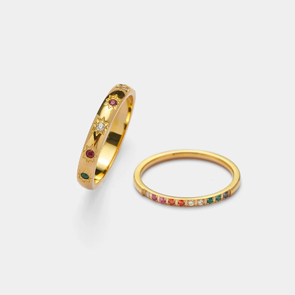 YF2824 Fashion Non Tarnish Jewelry Stainless Steel 18k Gold Plated Ring Colorful Rainbow Cubic Zirconia North Star Ring